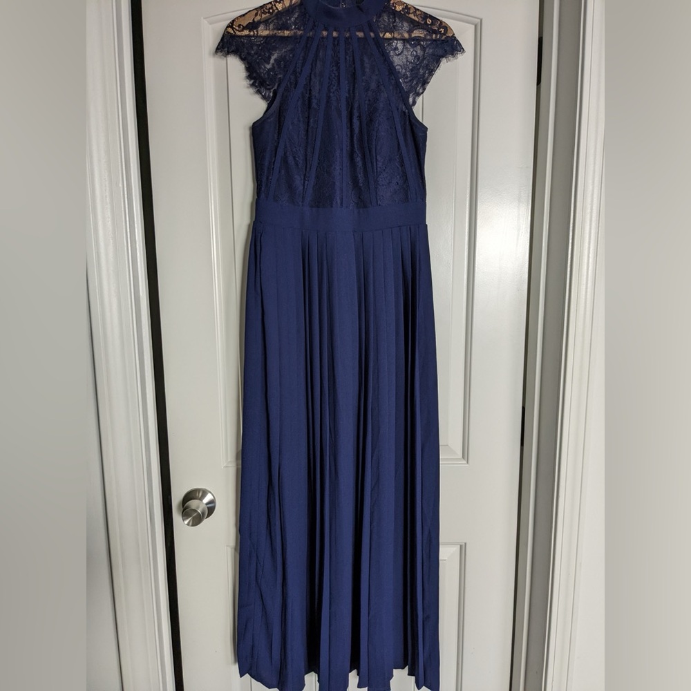 Little Mistress Blue Pleated Halter Maxi Gown